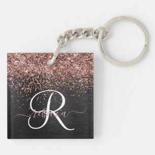 Custom Rose Gold Glitter Black Sparkle Monogram Keychain