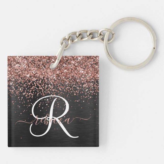 Custom Rose Gold Glitter Black Sparkle Monogram Keychain (Back)