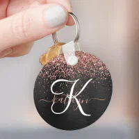 Shiny Rose Gold Pink Glitter Custom Name Monogram Keychain, Zazzle