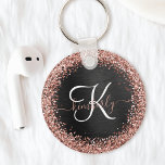 Custom Rose Gold Glitter Black Sparkle Monogram Keychain<br><div class="desc">Easily personalize this trendy elegant keychain design featuring pretty rose gold sparkling faux glitter on a black brushed metallic background.</div>