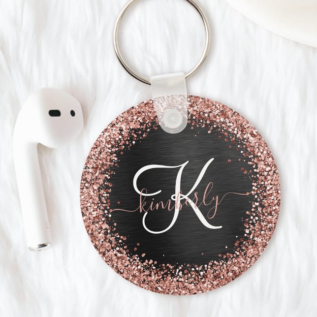 Custom Rose Gold Glitter Black Sparkle Monogram Keychain (Creator Uploaded)