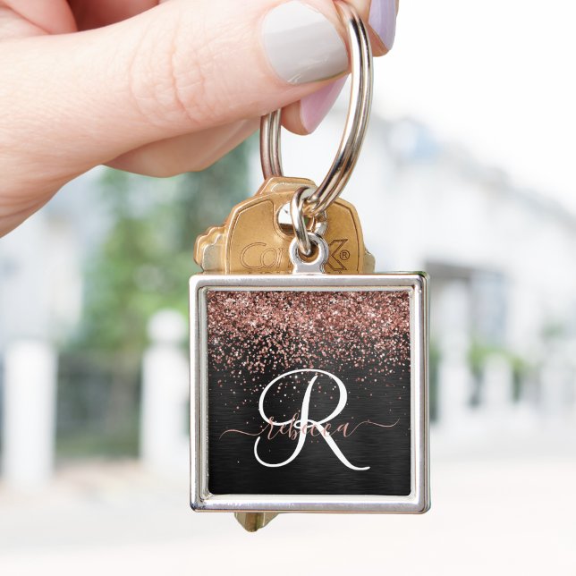 Custom Rose Gold Glitter Black Sparkle Monogram Keychain (Creator Uploaded)