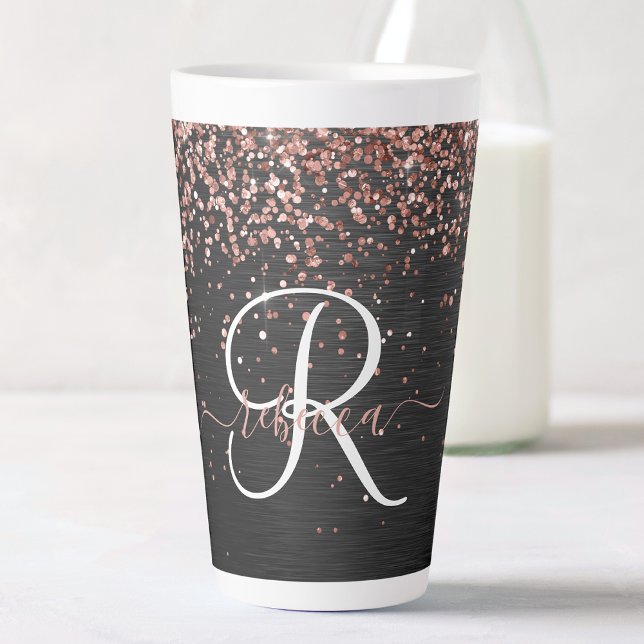 Custom Rose Gold Glitter Black Sparkle Monogram Latte Mug (Creator Uploaded)