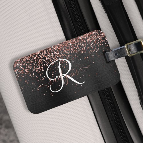 Custom Rose Gold Glitter Black Sparkle Monogram Luggage Tag