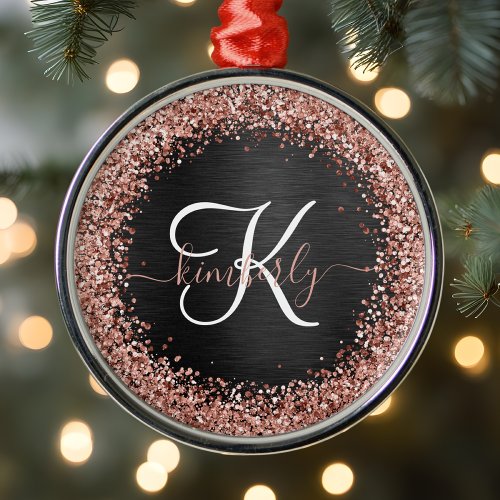 Custom Rose Gold Glitter Black Sparkle Monogram Metal Ornament