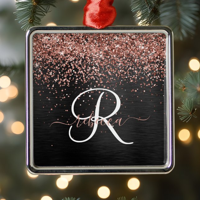 Custom Rose Gold Glitter Black Sparkle Monogram Metal Ornament (Creator Uploaded)