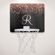 Custom Rose Gold Glitter Black Sparkle Monogram Mini Basketball Hoop at Zazzle