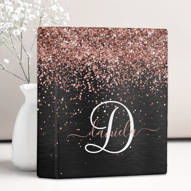 Custom Rose Gold Glitter Black Sparkle Monogram Mini Binder (Creator Uploaded)