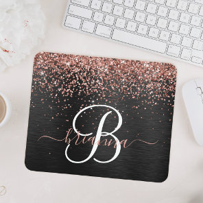 Custom Rose Gold Glitter Black Sparkle Monogram Mouse Pad