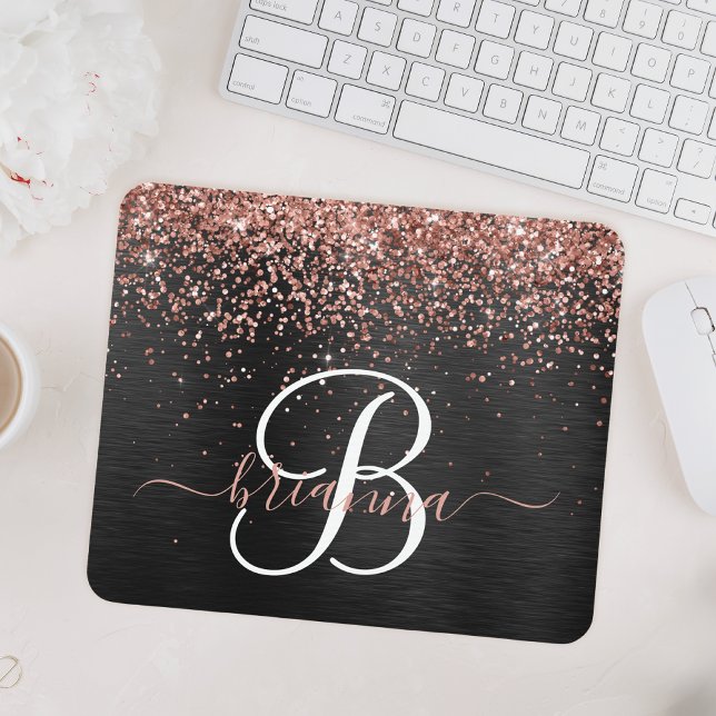 Custom Rose Gold Glitter Black Sparkle Monogram Mouse Pad (Creator Uploaded)