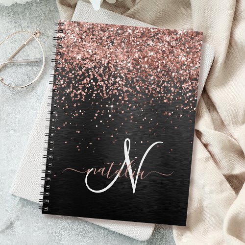 Custom Rose Gold Glitter Black Sparkle Monogram Notebook