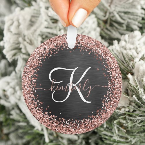 Custom Rose Gold Glitter Black Sparkle Monogram Ornament