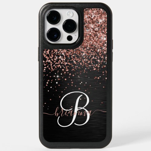 Custom Rose Gold Glitter Black Sparkle Monogram OtterBox iPhone 14 Pro Max Case