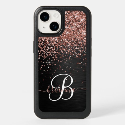 Custom Rose Gold Glitter Black Sparkle Monogram OtterBox iPhone 14 Case
