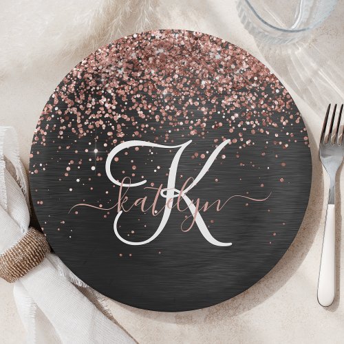 Custom Rose Gold Glitter Black Sparkle Monogram Paper Plates