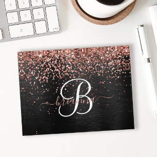 Custom Rose Gold Glitter Black Sparkle Monogram Paperweight
