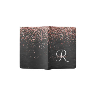 Custom Rose Gold Glitter Black Sparkle Monogram Passport Holder