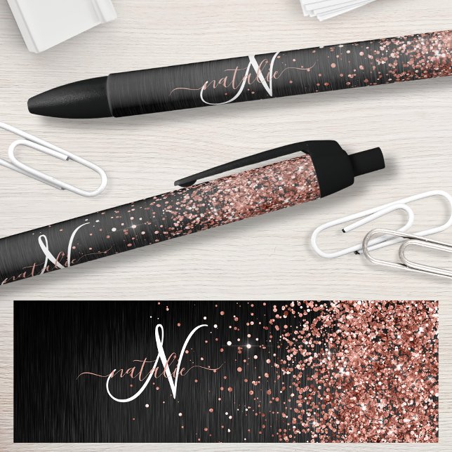 Custom Rose Gold Glitter Black Sparkle Monogram Pen (Creator Uploaded)