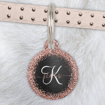 Custom Rose Gold Glitter Black Sparkle Monogram Pet ID Tag<br><div class="desc">Easily personalize this trendy elegant pet ID tag design featuring pretty rose gold sparkling glitter on a black brushed metallic background.</div>