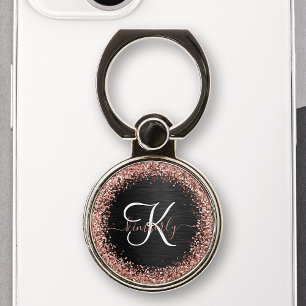 Custom Rose Gold Glitter Black Sparkle Monogram Phone Ring Stand