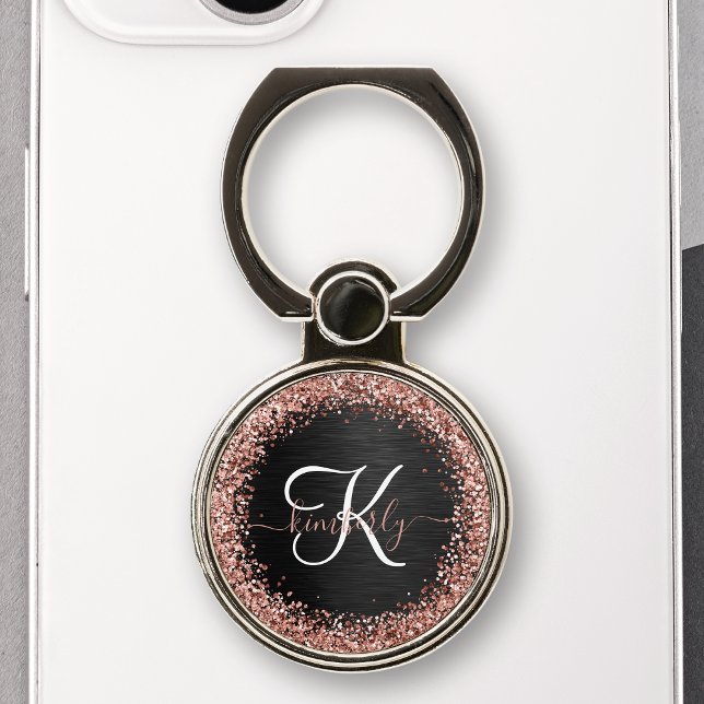 Custom Rose Gold Glitter Black Sparkle Monogram Phone Ring Stand (Creator Uploaded)