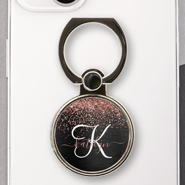 Custom Rose Gold Glitter Black Sparkle Monogram Phone Ring Stand (Creator Uploaded)