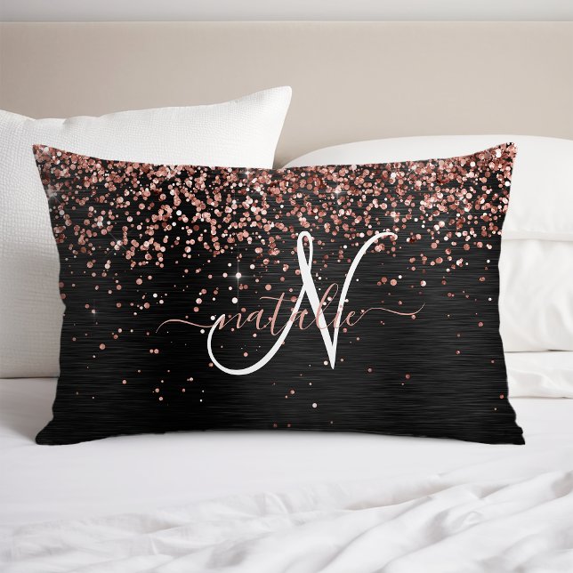 Custom Rose Gold Glitter Black Sparkle Monogram Pillow Case (Creator Uploaded)