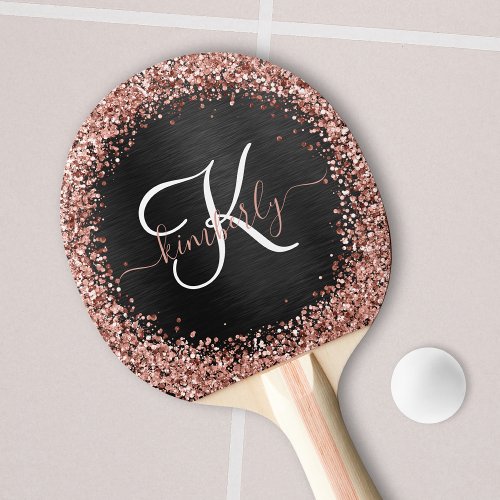 Custom Rose Gold Glitter Black Sparkle Monogram Ping Pong Paddle