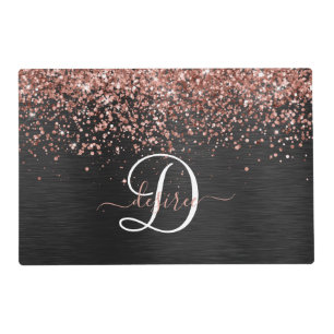 Custom Rose Gold Glitter Black Sparkle Monogram Placemat