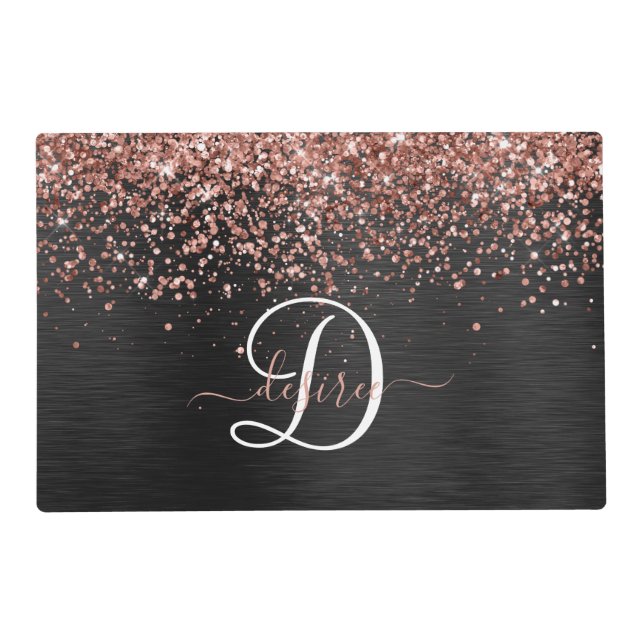 Custom Rose Gold Glitter Black Sparkle Monogram Placemat (Front)