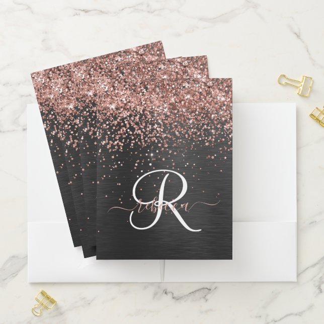 Custom Rose Gold Glitter Black Sparkle Monogram Pocket Folder (In Situ)