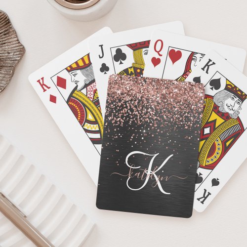 Custom Rose Gold Glitter Black Sparkle Monogram Poker Cards