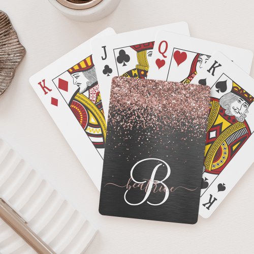 Custom Rose Gold Glitter Black Sparkle Monogram Poker Cards