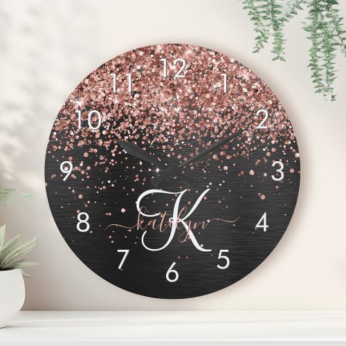 Custom Rose Gold Glitter Black Sparkle Monogram Round Clock