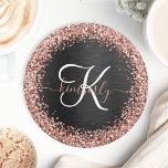 Custom Rose Gold Glitter Black Sparkle Monogram Round Paper Coaster<br><div class="desc">Easily personalize this trendy elegant paper coaster design featuring pretty rose gold sparkling glitter on a black brushed metallic background.</div>