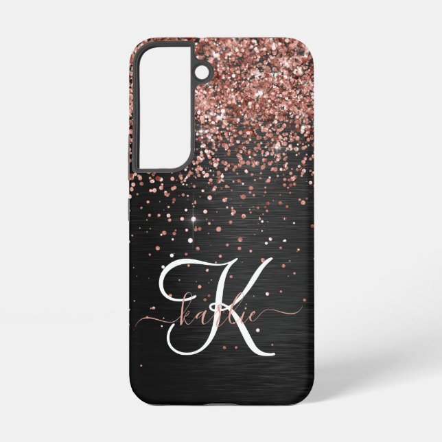 Custom Rose Gold Glitter Black Sparkle Monogram Samsung Galaxy Case (Back)