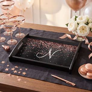 Custom Rose Gold Glitter Black Sparkle Monogram Serving Tray