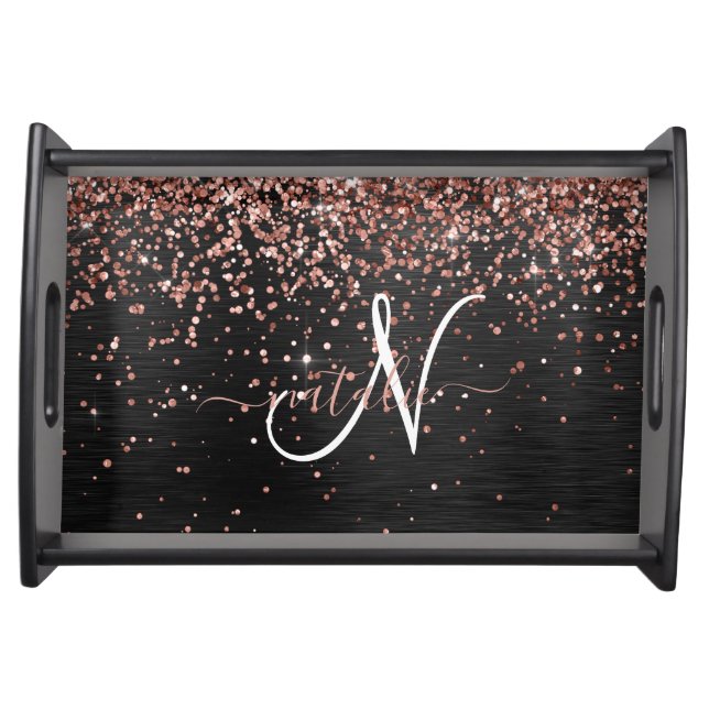 Custom Rose Gold Glitter Black Sparkle Monogram Serving Tray (Front)