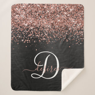 Custom Rose Gold Glitter Black Sparkle Monogram Sherpa Blanket