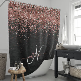 Custom Rose Gold Glitter Black Sparkle Monogram Shower Curtain
