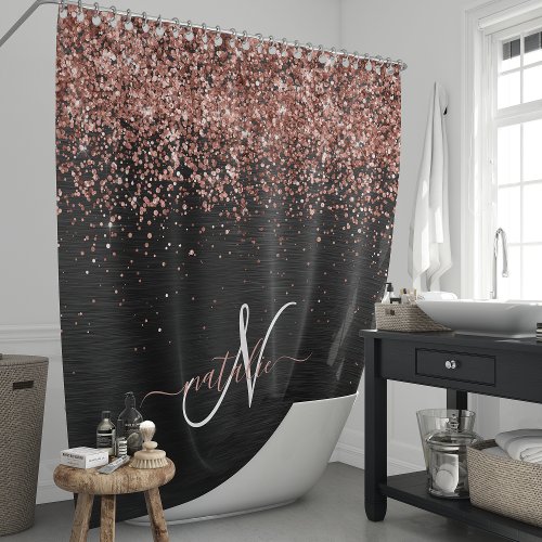 Custom Rose Gold Glitter Black Sparkle Monogram Shower Curtain