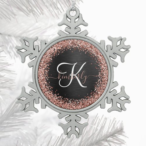 Custom Rose Gold Glitter Black Sparkle Monogram Snowflake Pewter Christmas Ornament