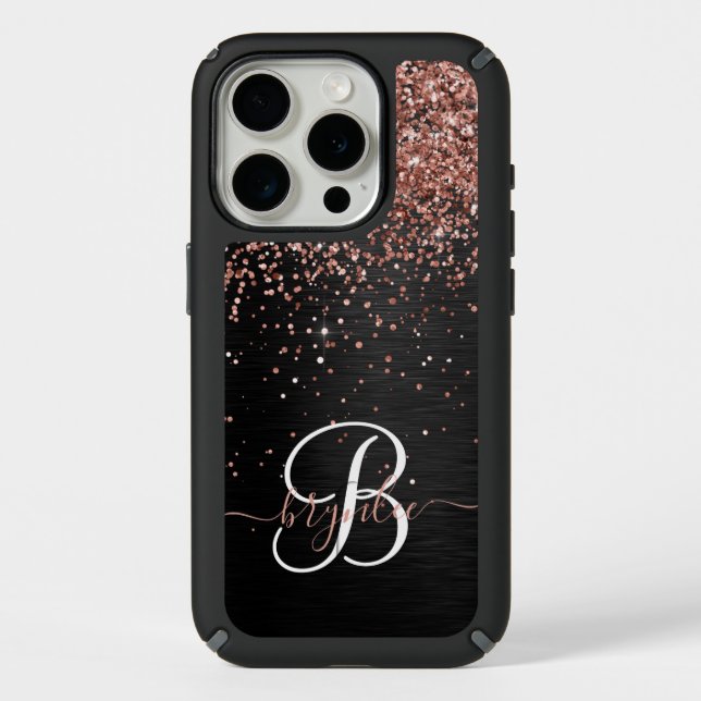 Custom Rose Gold Glitter Black Sparkle Monogram Speck iPhone Case (Front)