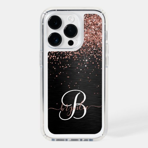 Custom Rose Gold Glitter Black Sparkle Monogram Speck iPhone 14 Pro Case