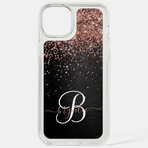  Custom Rose Gold Glitter Black Sparkle Monogram iPhone 15 Plus Case