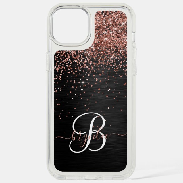  Custom Rose Gold Glitter Black Sparkle Monogram Speck iPhone Case (Front)
