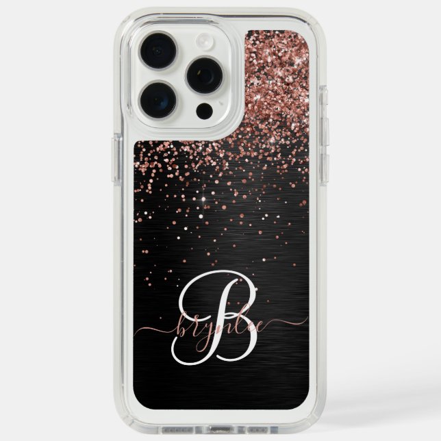 Custom Rose Gold Glitter Black Sparkle Monogram Speck iPhone Case (Front (White Titanium))