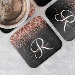 Custom Rose Gold Glitter Black Sparkle Monogram Square Paper Coaster<br><div class="desc">Easily personalize this trendy elegant square paper coaster design featuring pretty rose gold sparkling glitter on a black brushed metallic background.</div>
