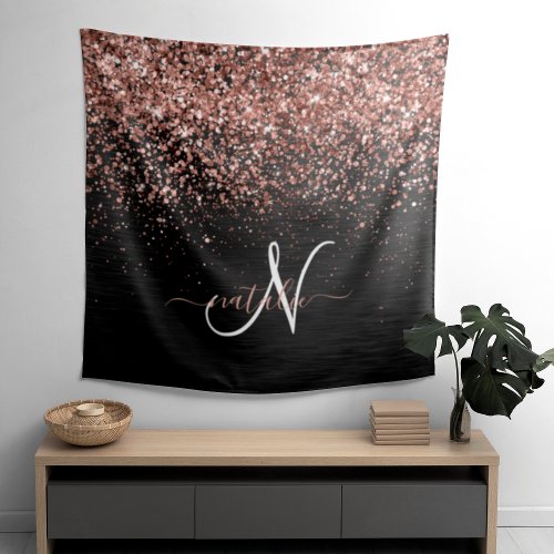 Custom Rose Gold Glitter Black Sparkle Monogram Tapestry