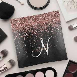 Custom Rose Gold Glitter Black Sparkle Monogram Trinket Tray